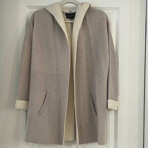 Tahari Luxe Cashmere Hooded Super Soft Taupe/Ivory Open Front Cardigan Size XS